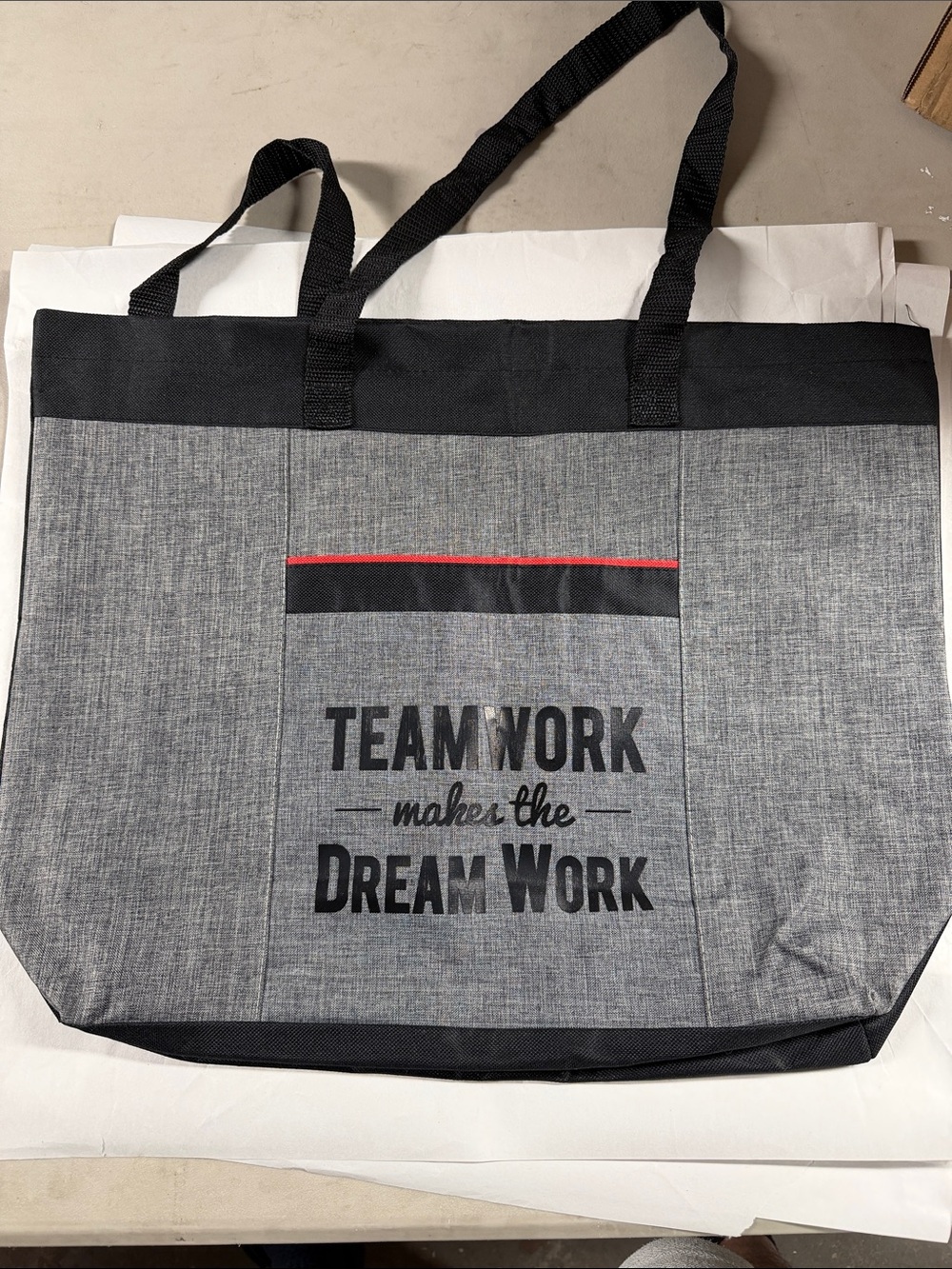 Gray Tote Bag with Motivational "Teamwork makes the Dream Work" Print